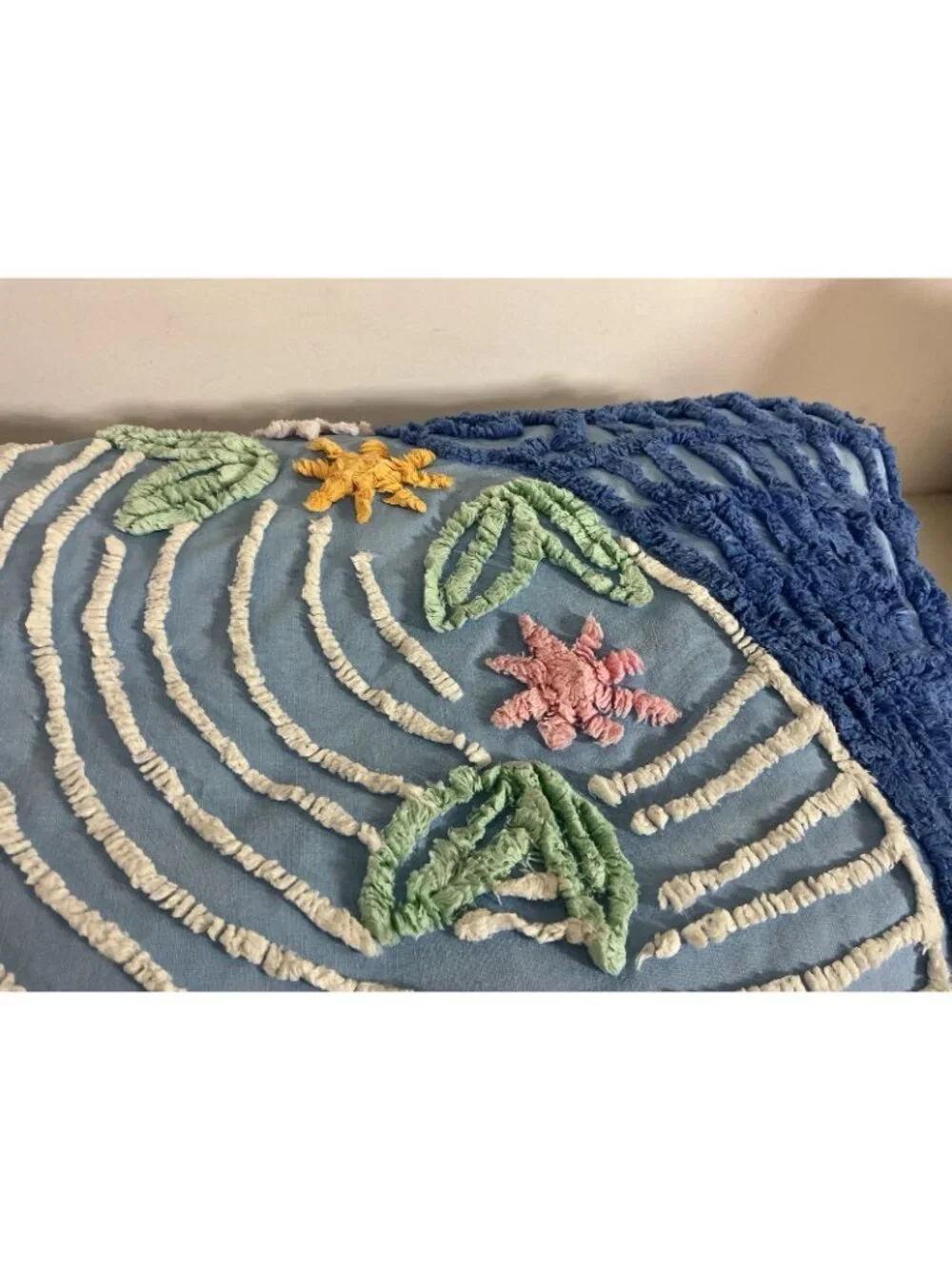 Vintage Chenille Flower Basket and Blue Ribbon Bedspread Full